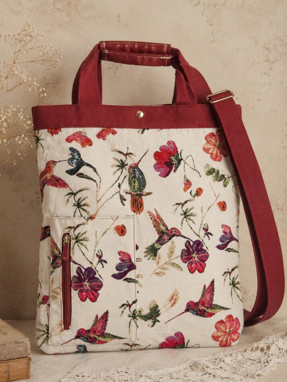 Cottagecore Romantic Fairycore Tapestry Fabric Unique Floral Hummingbird Bag